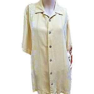 Men's Pale Yellow Caribbean Silk Blend Button Front Floral Aloha Shirt Size XL